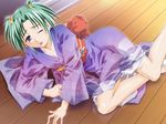  1girl aihara_hina breasts game_cg green_hair hair_ribbon japanese_clothes kimono maruto! purple_eyes ribbon solo twintails watashi_ni_konya_ai_ni_kite 