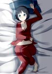  alp barefoot bed_sheet blue_eyes bob_cut breasts cleavage kirigaya_suguha looking_at_viewer lying medium_breasts navel on_back on_bed open_clothes open_shirt pajamas pillow shirt short_hair smile solo sword_art_online wide_hips 