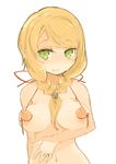  blonde_hair braid breasts front_braid green_eyes highres large_breasts long_hair looking_at_viewer mota navel nipples original red_string solo string tied_nipples twin_braids white_background 