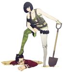  1girl black_hair bleeding blood breasts cleavage explosive front-tie_top gloves grenade hole holly_summers medium_breasts mushisotisis no_more_heroes prosthesis prosthetic_leg shovel sunglasses thighhighs travis_touchdown vest 