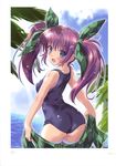  :d absurdres ass black_eyes blush breasts eyebrows_visible_through_hair green_ribbon hair_ornament hair_ribbon highres holding komatsu_eiji long_hair looking_at_viewer looking_back ocean open_mouth original palm_tree purple_hair ribbon school_swimsuit shiny shiny_skin small_breasts smile solo swimsuit thighhighs tree twintails white_legwear 