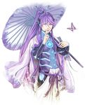  bug butterfly finger_to_mouth green_eyes insect japanese_clothes kamui_gakupo long_hair looking_at_viewer male_focus nail_polish ohse oriental_umbrella parasol ponytail purple_hair smile solo umbrella vocaloid 