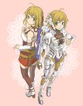  ahoge blonde_hair cyborg downblouse dual_persona fiorun from_above from_behind green_eyes long_hair midriff multiple_girls pontaaaaa short_hair shorts spoilers thighhighs xenoblade_(series) xenoblade_1 