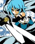  blue_eyes blue_hair cape gloves magical_girl mahou_shoujo_madoka_magica miki_sayaka reverse_grip sakuramau serious short_hair sketch solo sword weapon 