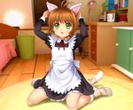  animal_ears antenna_hair apron arms_up blush brown_hair cardcaptor_sakura cat_ears cat_tail dress full_body green_eyes kinomoto_sakura looking_up maid mutsuki_(moonknives) open_mouth paws short_hair sitting solo tail wariza 