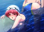  1boy 1girl bent_over blush bodyboard breasts clothed_female_nude_male from_behind game_cg glasses large_breasts looking_at_viewer nipples one-piece_swimsuit open_mouth partially_submerged red_hair sex shower_cap swim_cap swimsuit swimsuit_pull water wet 