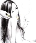  black_hair breasts cigarette copyright_request corded_phone eyelashes face hair_over_breasts hands head_tilt highres large_breasts lips long_hair nude phone simple_background smile smoke smoking sousou_(sousouworks) straight_hair white_background 