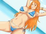  areola_slip areolae bare_shoulders bent_over bikini blush bracelet breasts brown_eyes cleavage curvy erect_nipples female flower hips huge_breasts jewelry long_hair looking_at_viewer lying momo_765 nami_(one_piece) on_side one_piece open_mouth orange_hair see-through smile solo swimsuit tattoo teeth thighs tongue wide_hips 