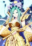  armor gold_armor gold_saint green_eyes green_hair h-new hat highres libra libra_douko long_hair mima saint_seiya shield smile solo sword touhou touhou_(pc-98) weapon wizard_hat 