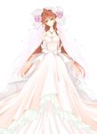  asagi_marin breasts brigadoon brown_hair cleavage dress flower full_body gloves green_eyes hair_flower hair_ornament hair_ribbon jewelry large_breasts long_hair necklace older pink_flower pink_rose ribbon rose shino-o smile solo wedding_dress white_background white_dress 
