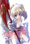  absurdres animal_ears axe blonde_hair blue_eyes boots breasts drill_hair eyebrows_visible_through_hair gloves hair_between_eyes highres holding holding_weapon knee_boots komatsu_eiji long_hair looking_at_viewer panties panties_around_one_leg pink_skirt pointy_ears queen's_blade shiny shiny_skin shirt side-tie_panties skirt small_breasts solo thighhighs torn_clothes torn_legwear torn_shirt torn_skirt twin_drills underwear untied untied_panties weapon white_gloves white_legwear white_panties white_shirt ymir_(queen's_blade) 