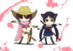  2girls animal_ears aya_(oneechanbara) cat_ears cat_tail chibi cowboy_hat gloves hat kyu_kyu_kyu_nyaa multiple_girls murai_shinobu oneechanbara saki_(oneechanbara) scarf sheath sheathed siblings sisters stampede_string sword tail thighhighs twintails weapon 