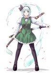  black_hairband black_legwear blue_eyes blush dual_wielding hair_ribbon hairband hitodama holding katana konpaku_youmu konpaku_youmu_(ghost) long_sleeves pantyhose petals ribbon short_hair silver_hair skirt solo sword touhou vent_arbre vest weapon 