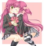  bad_id bad_pixiv_id brown_eyes closed_eyes food futaki_kanata hamburger licking little_busters! long_hair multiple_girls plaid plaid_skirt purple_hair saigusa_haruka satou_aoi school_uniform side_ponytail skirt striped striped_legwear thighhighs yuri 