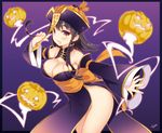 :d black_hair blush border bottomless braid breasts chinese_clothes cleavage fang gradient gradient_background groin hat jack-o'-lantern jiangshi kayou_(kayou-bi) large_breasts long_hair looking_at_viewer no_panties ofuda open_mouth original outstretched_arm purple_background red_eyes signature smile solo twin_braids wide_hips 