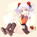  :&lt; blush bowl cup hair_ornament hoshino_ruri kidou_senkan_nadesico kurasuke long_hair looking_at_viewer panties pantyshot pantyshot_(sitting) silver_hair sitting skirt solo twintails underwear white_panties yellow_eyes 