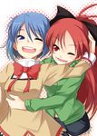  ;d blue_eyes blue_hair blush bow hair_bow hirase_yuu mahou_shoujo_madoka_magica miki_sayaka multiple_girls one_eye_closed open_mouth red_eyes red_hair sakura_kyouko school_uniform smile yuri 