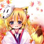  animal_ears bad_id bad_pixiv_id blonde_hair blue_eyes blush faux_traditional_media fox_ears fox_mask fox_tail hair_bobbles hair_ornament japanese_clothes leaf looking_at_viewer lowres maple_leaf mask original oshiruko_(uminekotei) short_hair side_ponytail solo tail 