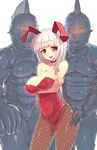  2boys animal_ears bad_id bad_pixiv_id bare_shoulders breast_hold breasts bunny_ears choker cleavage collarbone crossed_arms fishnet_pantyhose fishnets glasses heidimarie_w_schnaufer hetero highres large_breasts multiple_boys open_mouth osuman_toruko pantyhose red_eyes strike_witches white_hair world_witches_series 