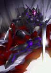  accel_world arm_blade armor black_lotus_(accel_world) blade breasts duel_avatar highres lying medium_breasts pink_eyes platin_(alios) revision solo weapon 