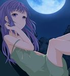  absurdres bare_shoulders dress dutch_angle full_moon furude_rika green_skirt hand_in_hair highres higurashi_no_naku_koro_ni long_hair looking_at_viewer moon nemu_(nebusokugimi) night purple_eyes purple_hair sitting skirt sky solo strap_slip sundress tree window 