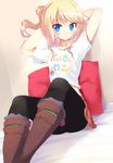  arms_up black_legwear blonde_hair blue_eyes boots esia_mariveninne komone_ushio long_hair looking_at_viewer original pantyhose pillow romaji side_ponytail sitting skirt smile solo 