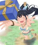  :d ^_^ animal arms_up asymmetrical_clothes bad_id bad_pixiv_id belt black_hair blush box breasts capri_pants cleavage closed_eyes crop_top fang feet fingers from_above front-tie_top full_body ganaha_hibiki gift gift_box grass hamster hamuzou hands idolmaster idolmaster_(classic) long_hair medium_breasts navel open_mouth outstretched_hand palms pants ponytail sandals sashisu shirt smile solo tied_shirt toes torn_clothes torn_pants 