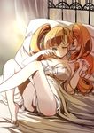  arcana_heart arcana_heart_2 bare_shoulders bed breasts brown_hair drill_hair front-tie_top green_eyes hair_grab large_breasts long_hair lying on_back on_bed petra_johanna_lagerkvist pillow rubbing_eyes senkyoushi_gondolf solo twin_drills uneven_eyes waking_up 
