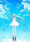  absurdres ahoge bad_id bad_pixiv_id barefoot blue_eyes blue_hair blush cloud dress flower hair_flower hair_ornament hatsune_miku highres long_hair microphone music open_mouth petals puddle reflection ribbon ripples salt_flats singing skirt sky solo temari_(deae) twintails very_long_hair vocaloid water 