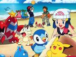  ball_playing beach hikari_(pokemon) meowth ocean pikachu piplup pokemon pokemon_(anime) sand_castle sand_sculpture satoshi_(pokemon) sun_day takeshi_(pokemon) wailord 