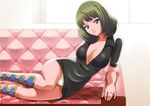  arm_support blue_eyes breasts cleavage couch green_hair highres idolmaster idolmaster_cinderella_girls large_breasts lips mole mole_under_eye panties parted_lips shiny shiny_skin shirihime solo takagaki_kaede underwear 