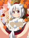  animal_ears autumn autumn_leaves blush breasts detached_sleeves eating hat inubashiri_momiji large_breasts leaf masara no_panties pom_pom_(clothes) red_eyes sitting solo spread_legs tail tail_censor tokin_hat touhou tree white_hair wolf_ears wolf_tail 