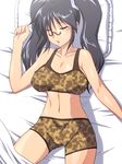  bed bed_sheet blue_hair breasts cameltoe camouflage eyes_closed glasses hinata_aki keroro_gunsou large_breasts lingerie long_hair lying navel nightmare_express open_mouth pillow sleeping solo twintails underwear 