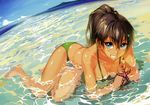  andou_shuuki arm_support barefoot bikini black_hair blue_eyes breasts caustics dutch_angle fang ganaha_hibiki grin high_ponytail highres holding idolmaster idolmaster_(classic) long_hair looking_at_viewer lying medium_breasts non-web_source on_side partially_submerged ponytail scan shallow_water shiny shiny_skin smile solo starfish swimsuit water 