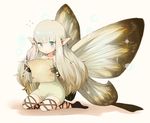  aerie_(bravely_default) bad_id bad_pixiv_id bare_shoulders blue_eyes bravely_default:_flying_fairy bravely_default_(series) butterfly_wings dress fairy gloves gradient_hair long_hair multicolored_hair paper pointy_ears quill sitting soyu_(game_love) very_long_hair wings 