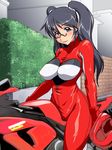  biker_clothes bikesuit blue_eyes blue_hair blush breasts glasses gloves helmet hinata_aki keroro_gunsou large_breasts long_hair milf motor_vehicle motorcycle motorcycle_helmet nightmare_express sitting smile solo twintails vehicle 