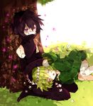  1girl against_tree bad_id bad_pixiv_id bare_shoulders black_hair creeper enderman flat_chest flower grass green_hair head_wreath high_collar hood hoodie minecraft personification purple_eyes rooseputo_02 shadow short_hair sleeping sparkle tree 