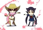  2girls animal_ears aya_(oneechanbara) cat_ears cat_tail chibi cowboy_hat gloves hat kyu_kyu_kyu_nyaa multiple_girls murai_shinobu oneechanbara saki_(oneechanbara) scarf school_uniform sheath sheathed siblings sisters stampede_string sword tail thighhighs twintails weapon 