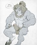  anthro balls biceps big_penis canine claws cock_ring erection fangs fur grey_fur hair long_hair male mammal muscles necklace nipples nude paws pecs penis plain_background ponytail pose sitting solo thewielder thick_penis toe_claws tribal uncut vein were werewolf white_background wolf yellow_eyes 