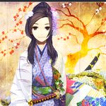 black_hair branch character_request dated fan flower folding_screen hair_ornament highres japanese_clothes katana kimono leaf_print light_smile lips long_hair looking_at_viewer poaro ponytail sengoku_wars sheath sheathed signature solo sword tree weapon yellow_eyes 