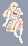  blonde_hair blue_eyes boots bouzu_(bonze) breasts dress fingerless_gloves frills gloves highres knee_boots lili_(tekken) long_hair medium_breasts panties pantyshot pantyshot_(sitting) sitting solo tekken underwear white_panties 