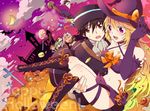  bare_shoulders black_hair black_hat blonde_hair boots brown_eyes carrying cross elbow_gloves elize_lutus gaius_(tales) gem ghost gloves halloween hat highres ivar_(tales) jack-o'-lantern jude_mathis knee_boots leia_rolando midriff milla_maxwell multiple_boys multiple_girls muzet_(tales) navel princess_carry pumpkin purple_eyes purple_footwear sinaooo skirt skull staff tales_of_(series) tales_of_xillia witch_hat 