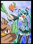  :d aqua_eyes aqua_hair blue_eyes bobobo-bo_bo-bobo brown_eyes close-up crossover detached_sleeves don_patch farfetch'd gen_1_pokemon gloves hatsune_miku highres long_hair necktie open_mouth pointing pokemon skirt smile spring_onion standing thighhighs twintails v-shaped_eyebrows vocaloid zettai_ryouiki 
