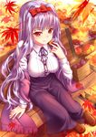  autumn bench bow breasts food hair_bow hairband idolmaster idolmaster_(classic) leaf long_hair medium_breasts nazu-na red_eyes shawl shijou_takane shirt silver_hair sitting smile solo sweet_potato taut_clothes taut_shirt 