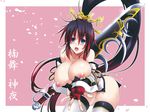  areolae black_hair blue_eyes blush breasts breasts_outside c.r. detached_sleeves fingerless_gloves gloves highres huge_breasts leaning_forward long_hair multicolored_hair nanbu_kaguya nipples open_mouth petals ponytail puffy_nipples red_hair solo super_robot_wars super_robot_wars_og_saga_mugen_no_frontier sword thighhighs thighs very_long_hair weapon 