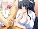  1girl black_hair blue_eyes blush bow breasts game_cg happy huge_breasts large_breasts long_hair nipples pururun_cafe smile sumeragi_kohaku takeuchi_narumi waitress 