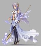  blue_eyes circlet headpiece highres long_hair navel original pinakes pointy_ears purple_hair solo tattoo weapon 