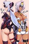  android ass bare_shoulders breasts cleavage collarbone cosplay costume_switch dark_skin elbow_gloves fingerless_gloves gloves hands_on_hips highres hijiri kos-mos large_breasts long_hair looking_at_viewer looking_back multiple_girls purple_hair red_eyes shiny shiny_skin silver_hair skindentation smile t-elos thighhighs underboob undressing very_long_hair xenosaga xenosaga_episode_i xenosaga_episode_iii 