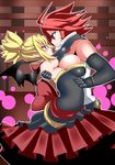  adell adell_(disgaea) bat_wings blonde_hair breasts couple disgaea dress elbow_gloves gloves highres huge_breasts red_hair rozalin tototototokei wings 
