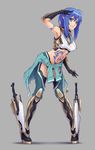  blue_eyes blue_hair highres long_hair navel original pinakes pointy_ears solo tattoo weapon 